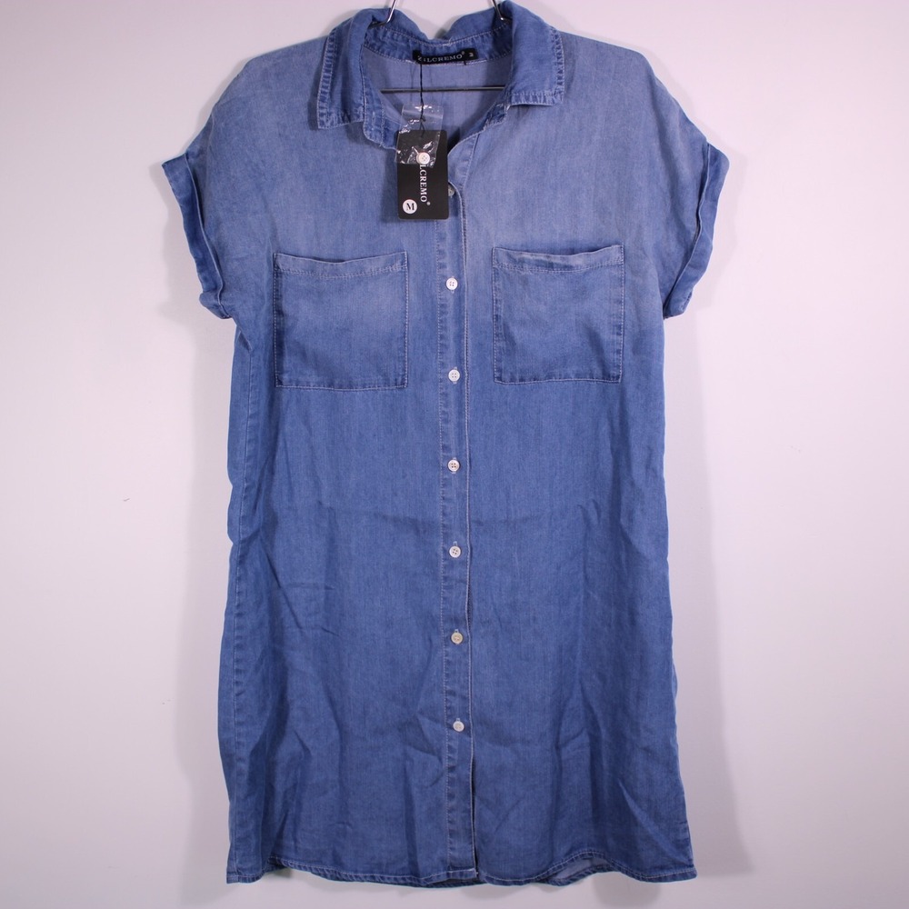 Zilcremo Shirt Dress Womens M Blue Denim Look Casual Button Summer Tunic Pockets